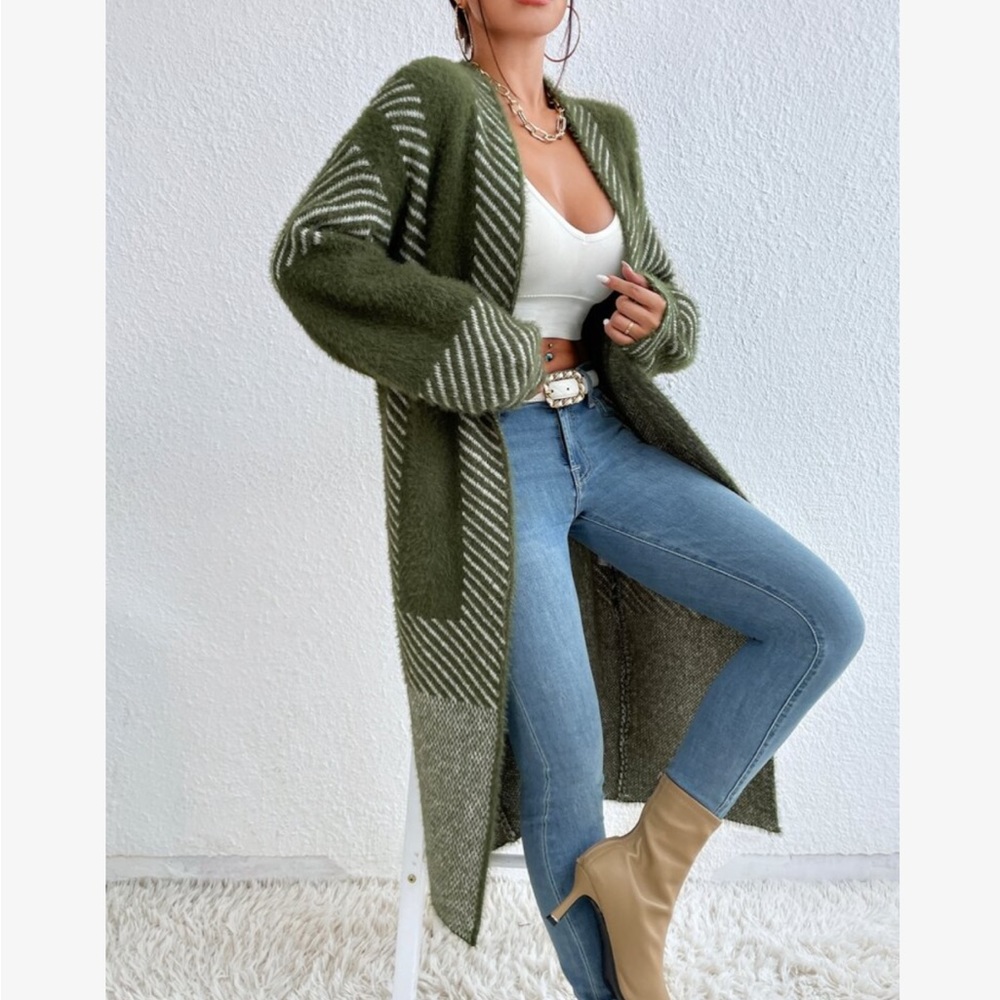 Oversized Color Block Stripes Fuzzy Open Front Duster Sweater Cardigan - Picture 10 of 10